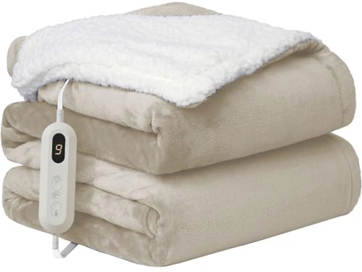 Elektrische verwarmde deken van zachte flanel en sherpa (omkeerbaar, beige)