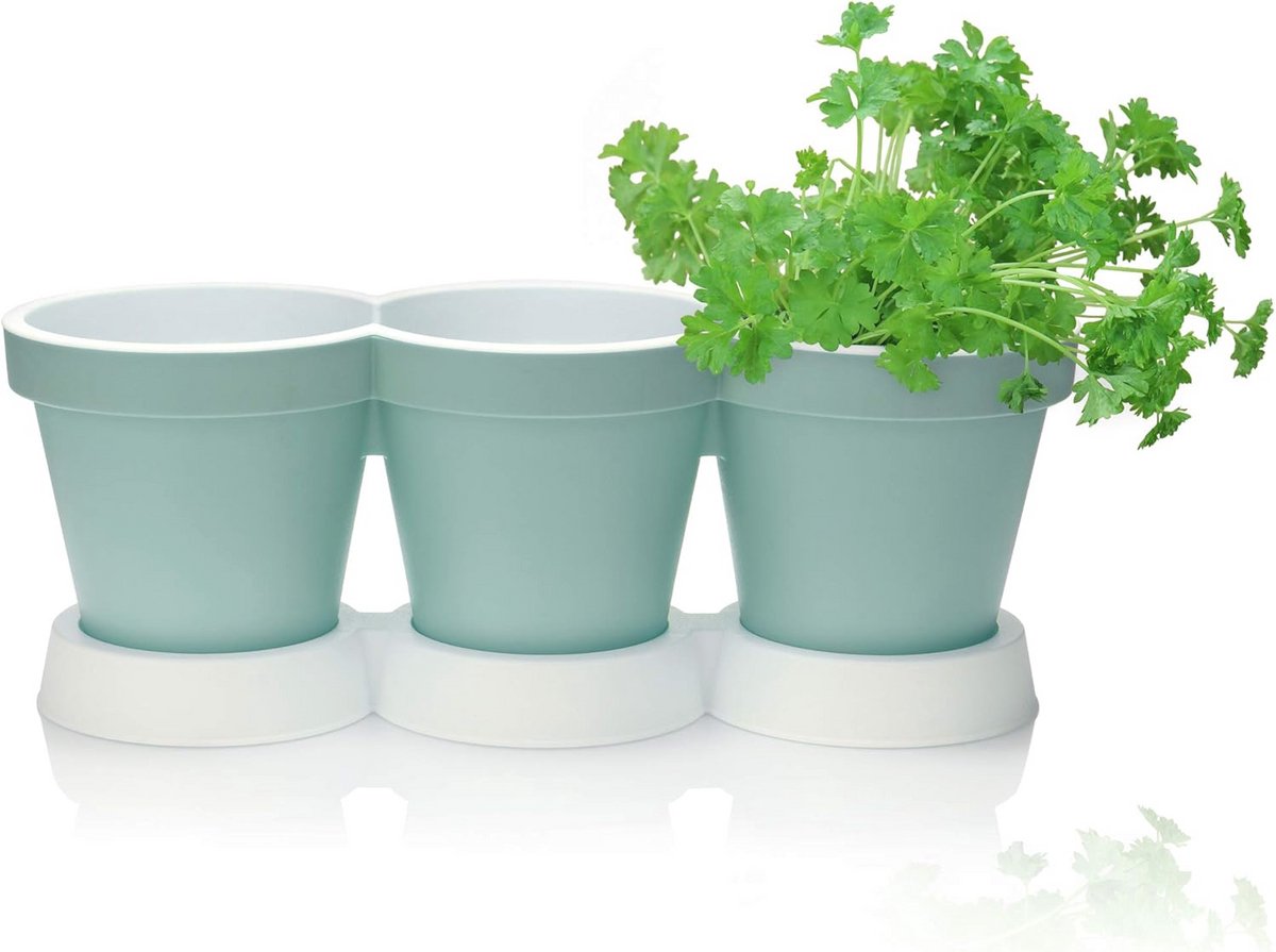 Drievoudige Kruidenpot met Onderschaal - Decoratieve Bloempot voor Keuken en Balkon