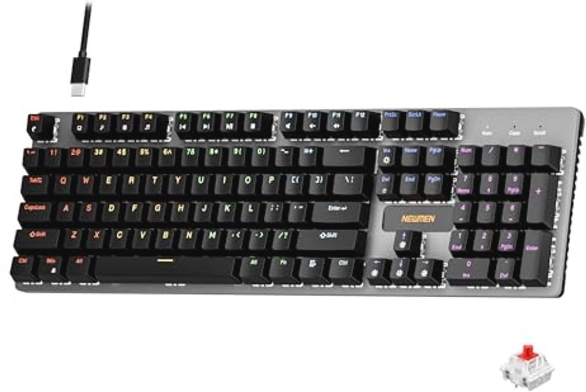Newmen GM325Pro Mechanical Keyboard, 104 Keys Rainbow LED Backlit Wired Gaming Keyboards, Hot-Swap Metal Panel ABS Black Keycaps Gaming Mechanical Keyboard for Windows Laptop PC