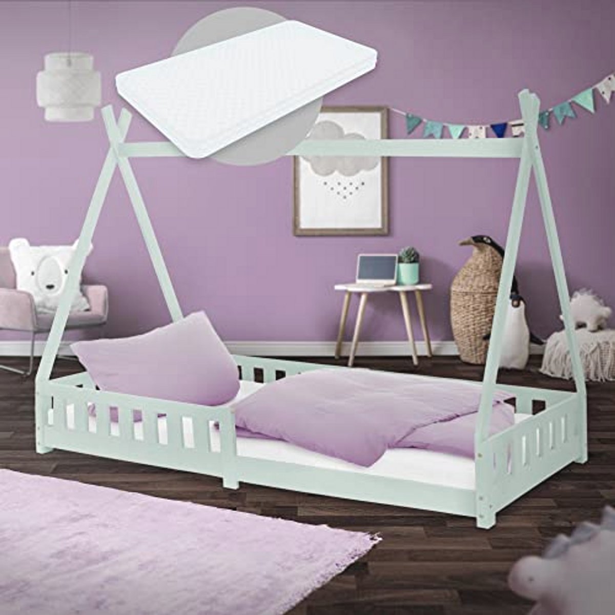 Kinderbed Tipi 90x200 cm in Mint met Matras en Valbeveiliging - Houten Speelbed voor Kinderen