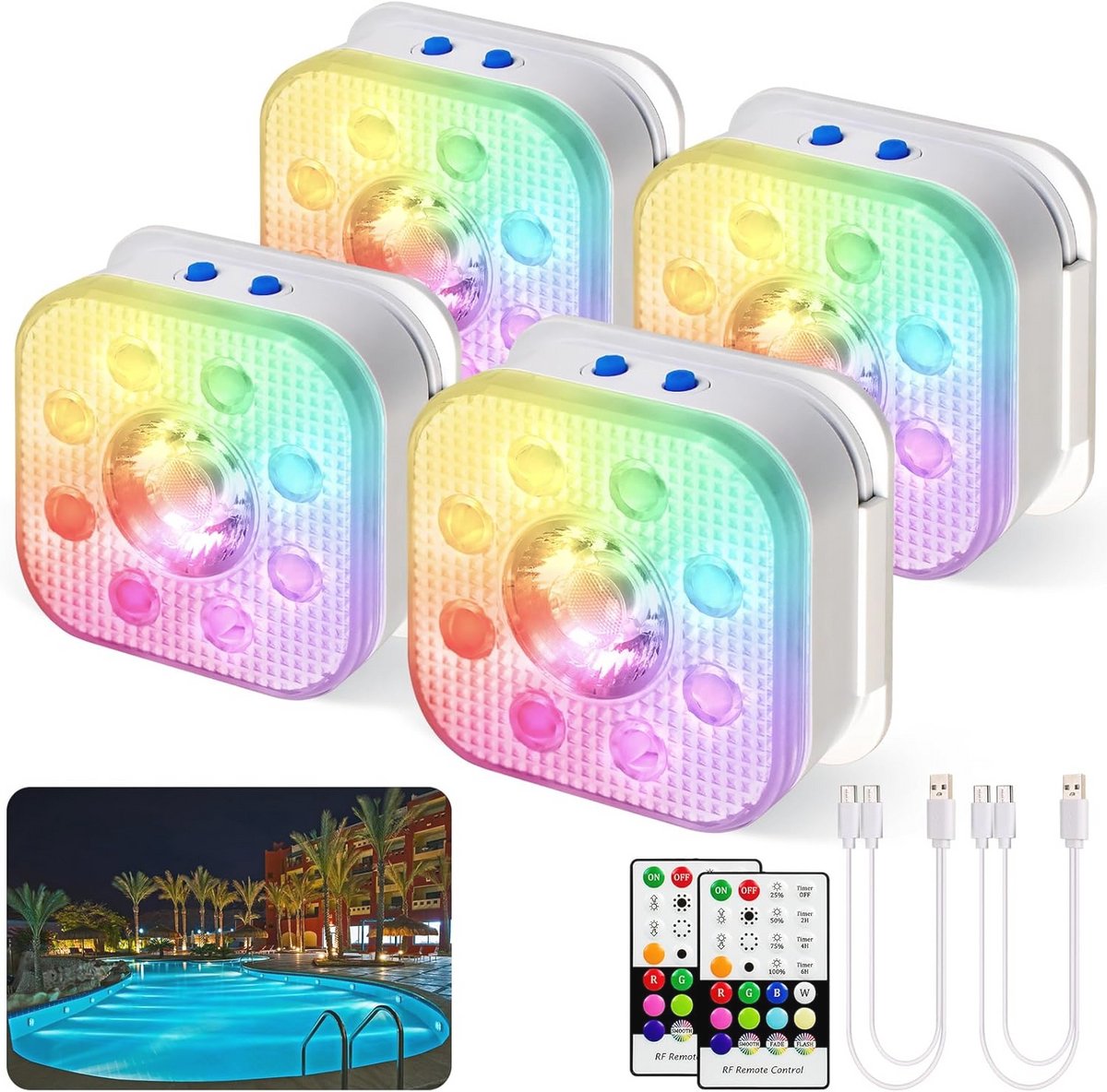 Oplaadbare LED Zwembadverlichting Set van 4 met Afstandsbediening - IP68 Waterdichte Kleurveranderende Lampen voor Badkuip en Vijver