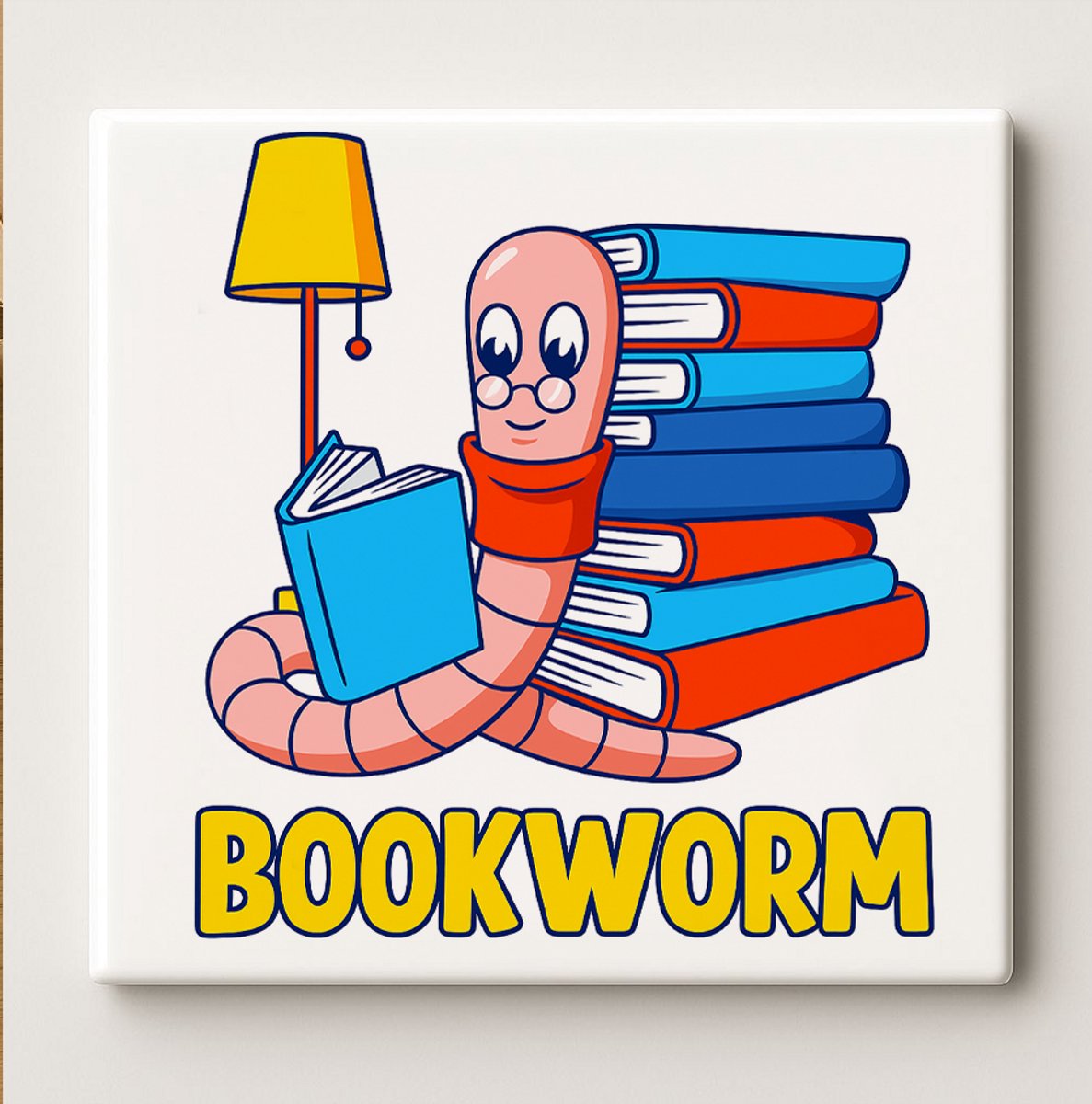 Schattige Boekenwurm Keramische Tegel – Lezen Liefhebber Illustratie Wanddecoratie – Bibli