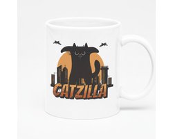 Catzilla Mok 330ml – Witte Koffiemok met Grappig Kattenmonster Ontwerp – Leuk Cadeau voor Kattenliefhebbers