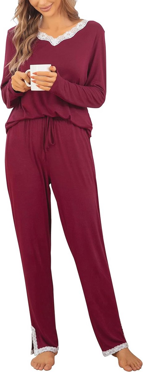 V-hals Dames Pyjama Set - Zachte Lange Mouwen en Broek met Zak en Trekkoord