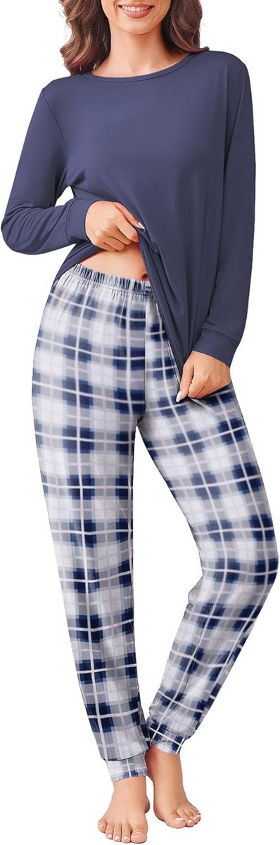 Zachte Damespyjama Sets met Lange Mouwen en Geruite Pyjamabroek