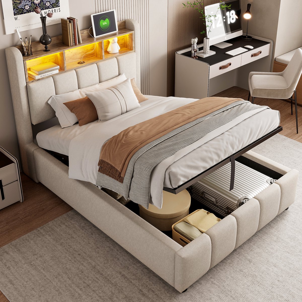 OKWISH Gestoffeerd Bed 90x200 - Eenpersoonsbed Met Kopbord Opberglades En LED - Linnenstof