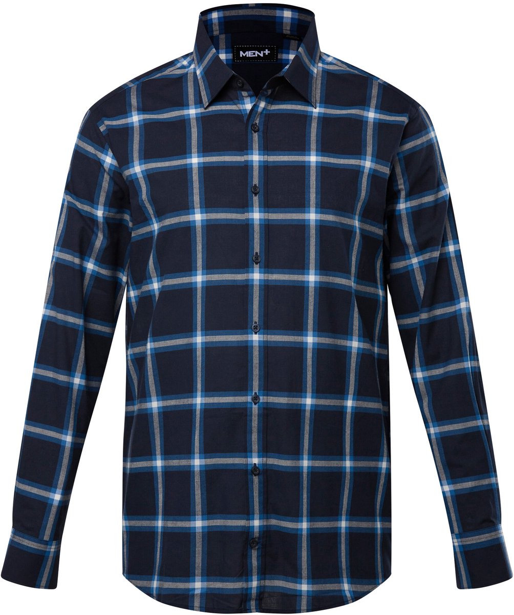 Men Plus - Heren - Geruit overhemd lange mouwen kentkraag comfortabele pasvorm - Navy blauw - Maat 3XL