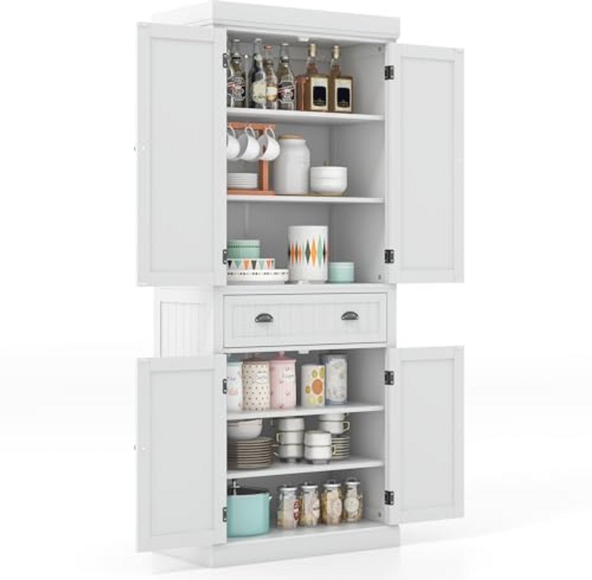 Hoge Keukenkast met 4 Deuren en Lade - Vrijstaand Dressoir voor Woonkamer en Keuken