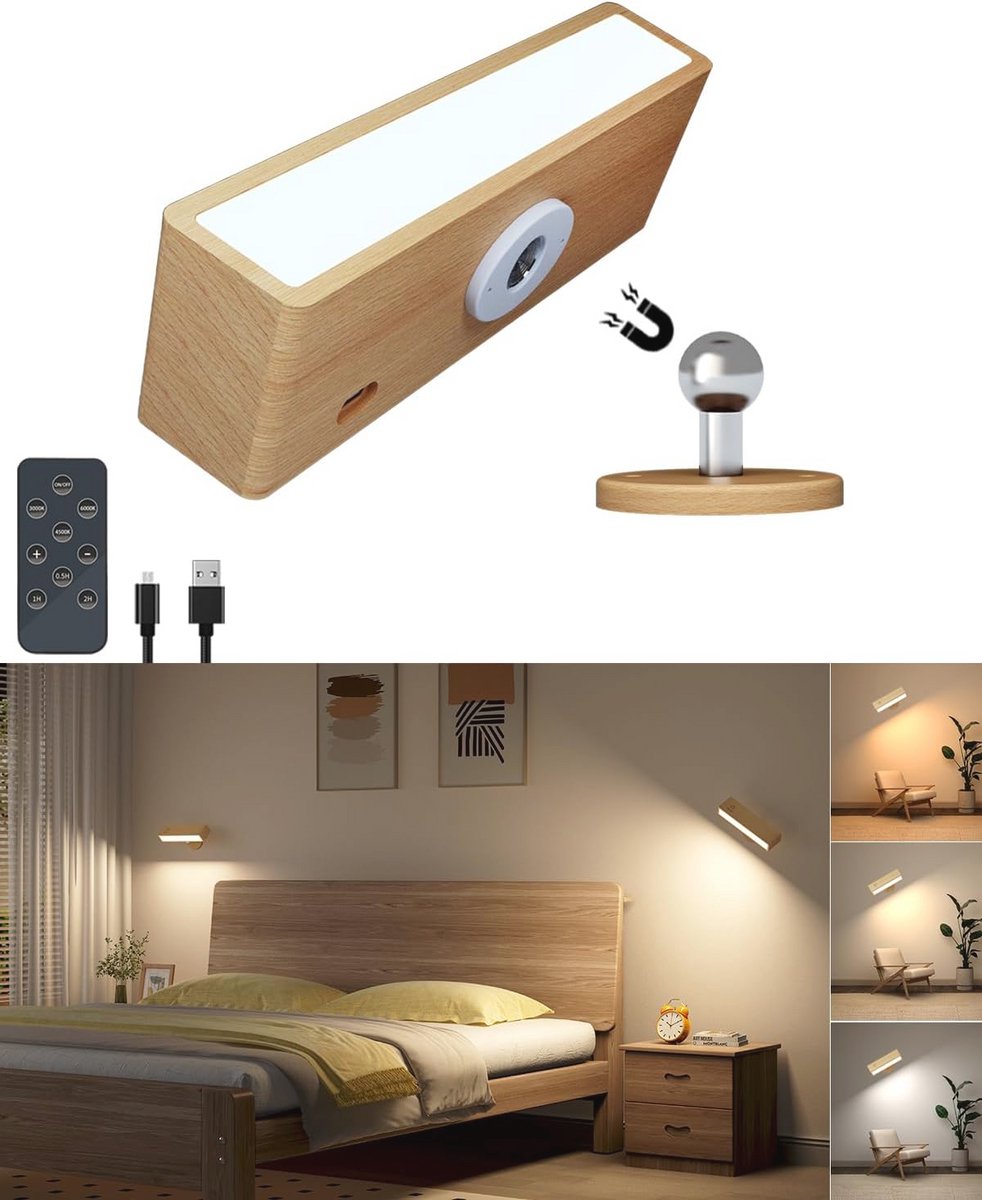Oplaadbare Binnenwandlamp met Afstandsbediening - Draadloze LED Wandlamp met 3 Kleuren, 360° Draaiende Houten Lamp