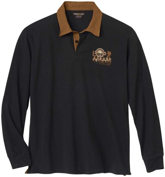 Zwart poloshirt met lange mouwen, bruine kraag en opdruk "Colorado Great Outdoor Adventure".