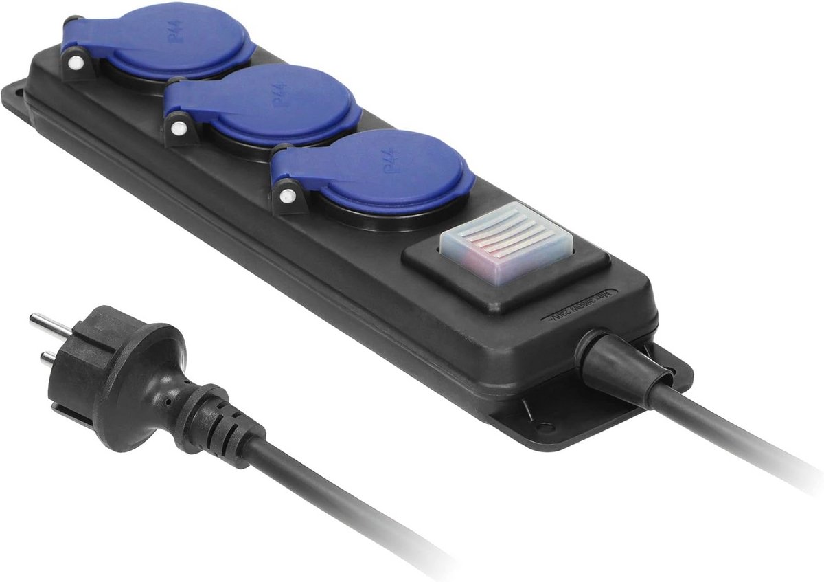 Waterdicht Verlengsnoer met Schakelaar en 3 Stopcontacten IP44 – Rubberen Kabel (5 meter)