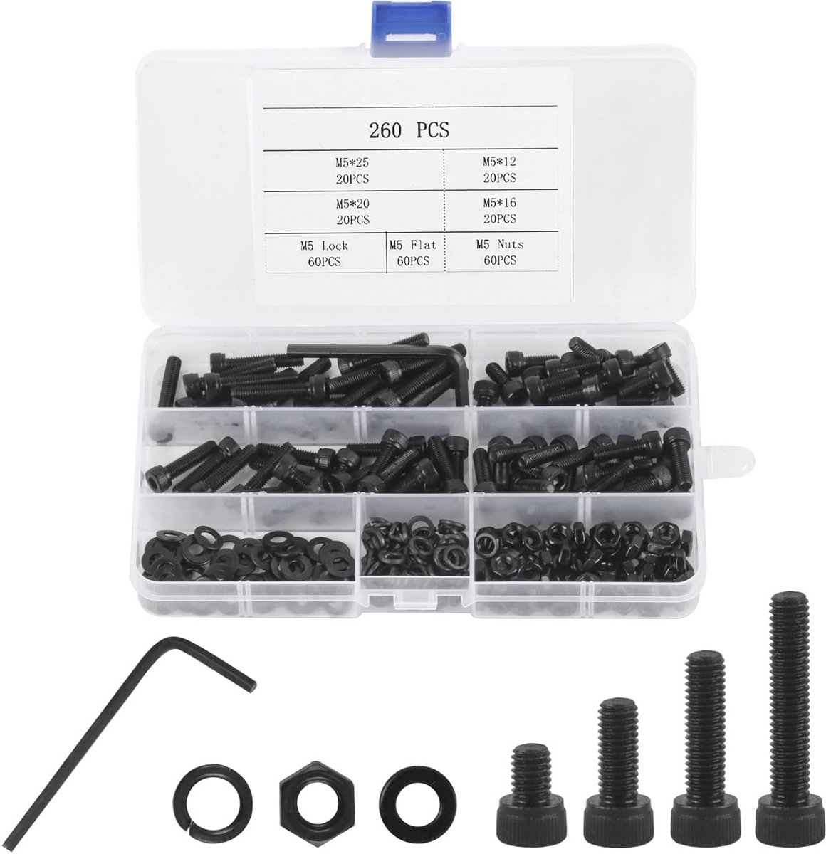 261-delige M5 schroevenset met bouten, moeren en sluitringen - Compleet assortiment voor doe-het-zelf projecten