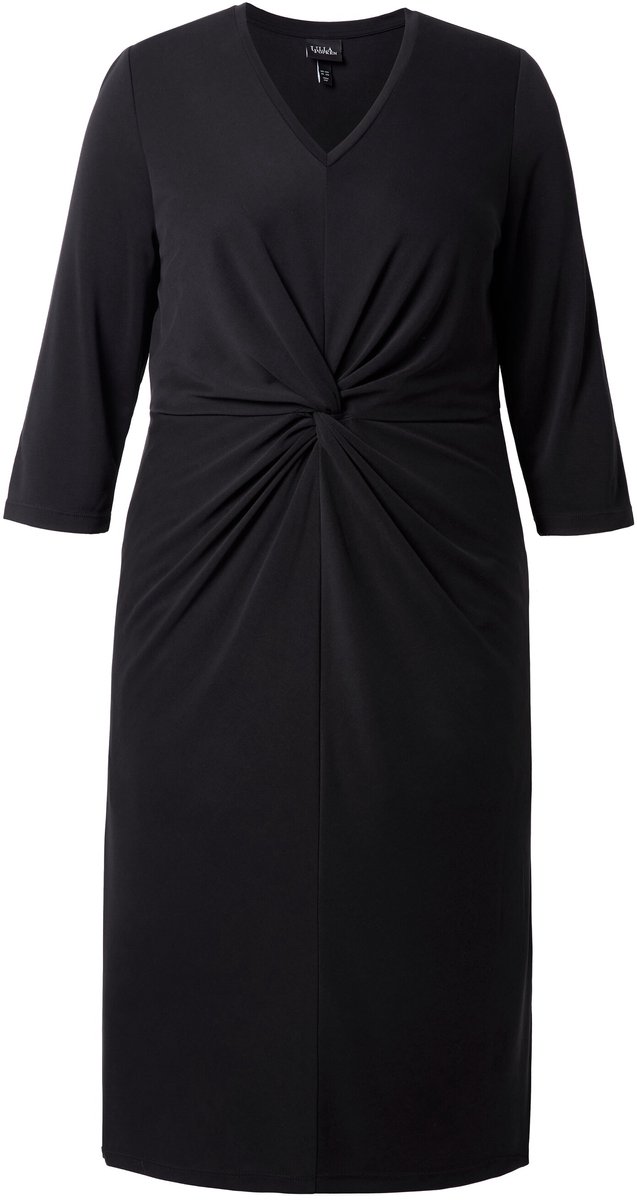 Ulla Popken Dames - Midi-jurk sierknopen V-hals 3/4-mouwen - Zwart - Maat 62+