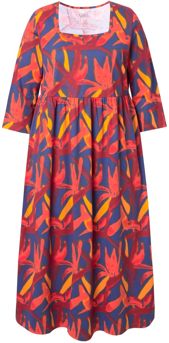 Ulla Popken Dames - Jersey jurk A-lijn carréhals 3/4-mouw - Zwart - Maat 42+
