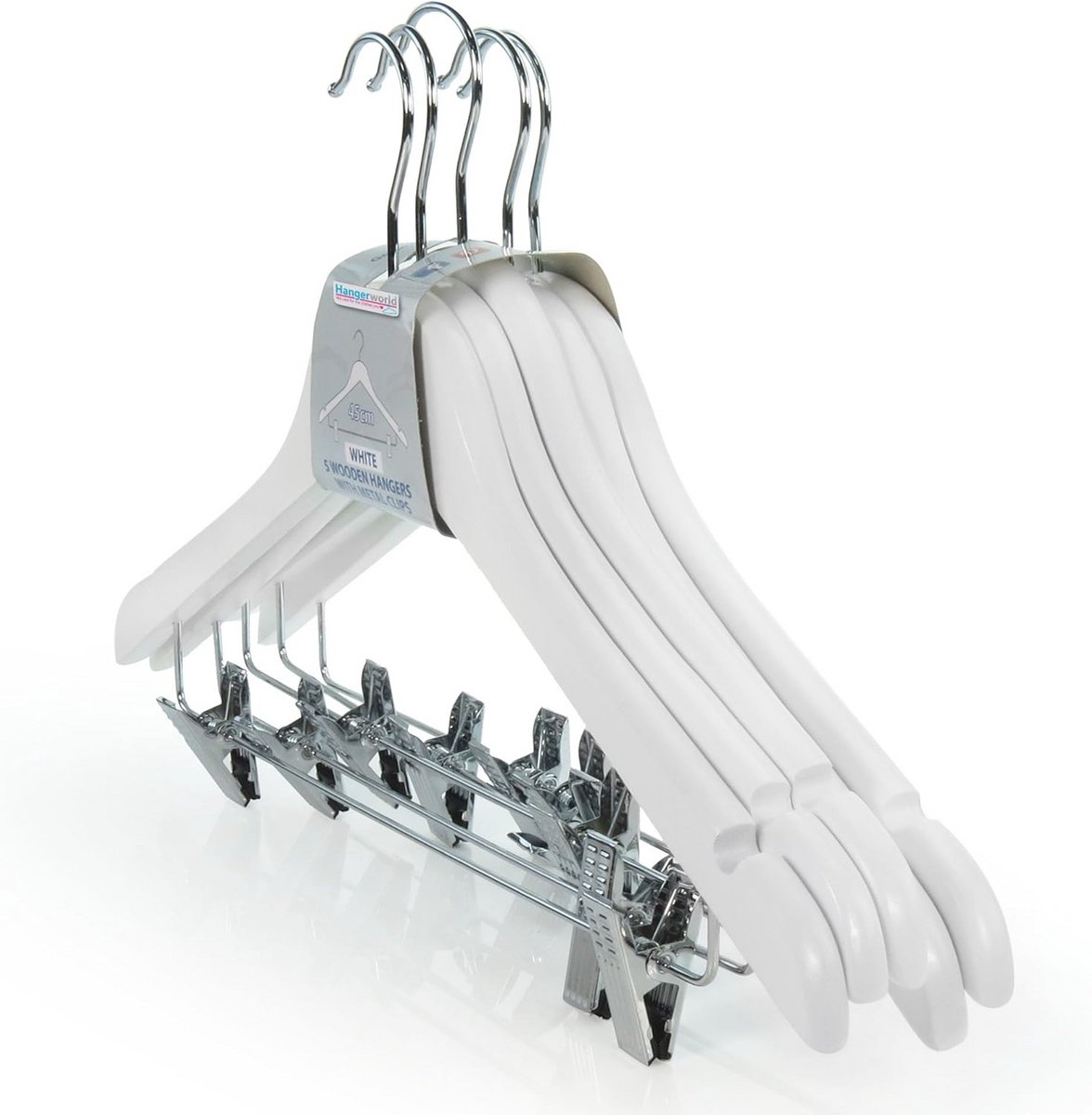 10 Witte Clip-Kleerhangers 45 cm - Houten Hangers met Klemmen
