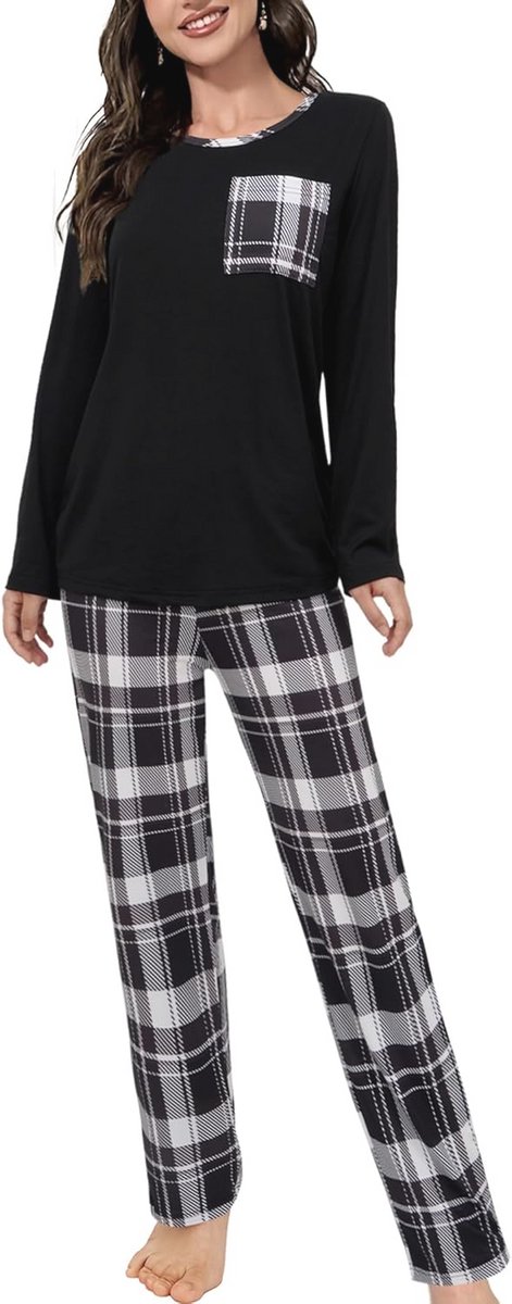 Lange kerstpyjama set voor dames - zachte nachtkleding met geruite pyjamabroek