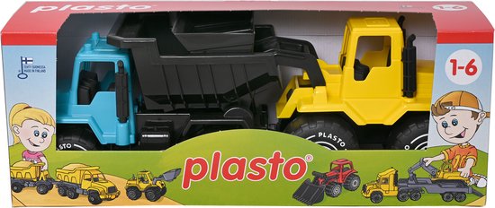 Plasto speelgoedset met blauwe kiepwagen en gele bulldozer in kartonnen verpakking met afbeeldingen van kinderen en kleinere voertuigen.