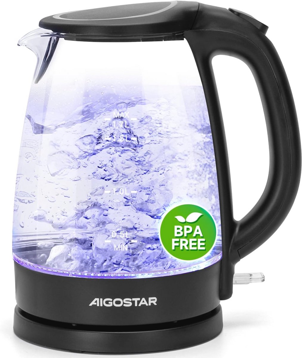 Elektrische Waterkoker 1.7 Liter van Borosilicaatglas met LED Verlichting, BPA-Vrij en 2200W, 360º Basis en Anti-Kalkaanslagfilter