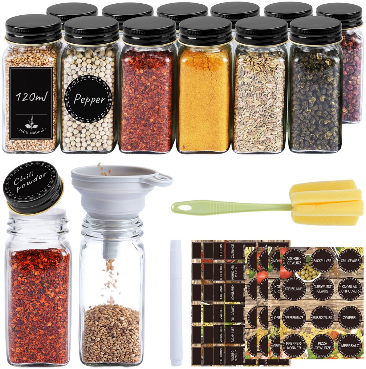 12-delige vierkante kruidenpotjesset, glazen kruidenpotjes, 120 ml, met etiketten, stiften, reinigingsborstel en opvouwbare trechters voor het bewaren van kruiden in de keuken - met zwarte aluminium deksels