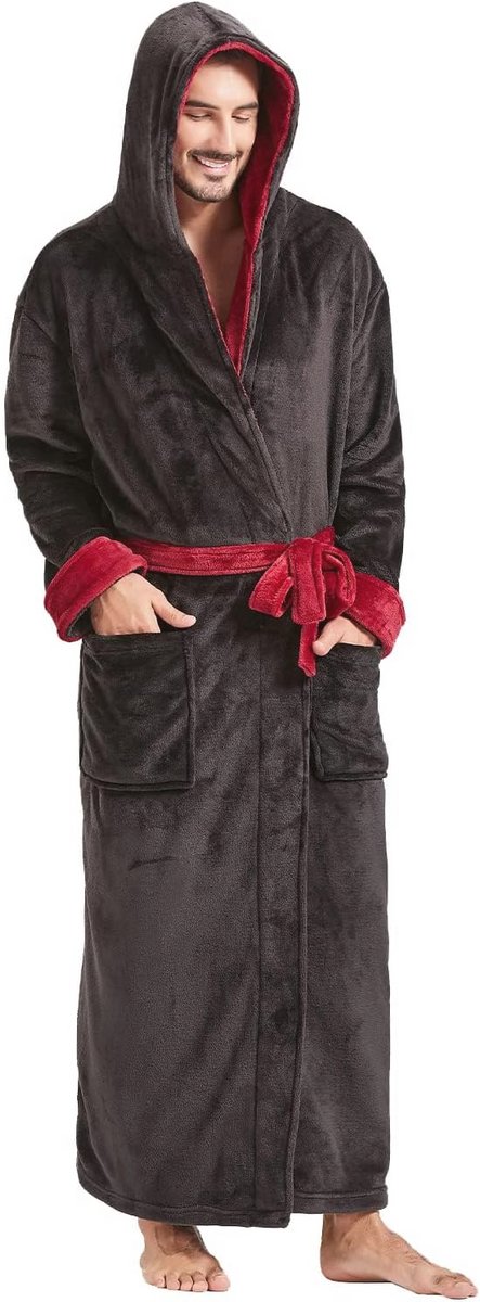 Pluche badjas met capuchon voor heren - Lange, warme fleece badjas met zwarte rand