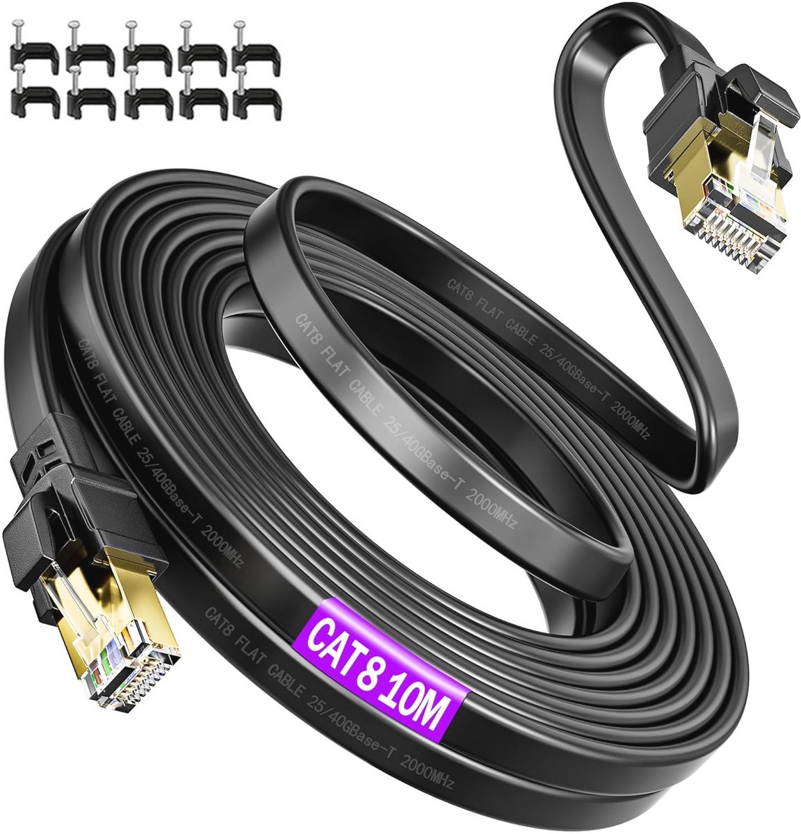 Cat 8 LAN-kabel 10 meter - Hoge snelheid 40 Gbps - Platte netwerkkabel voor stabiliteit en efficiëntie