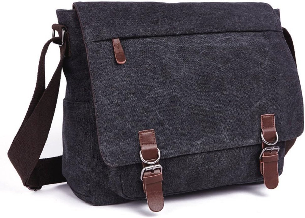 Schoudertas voor heren - 16 inch vintage canvas laptoptas met meerdere vakken