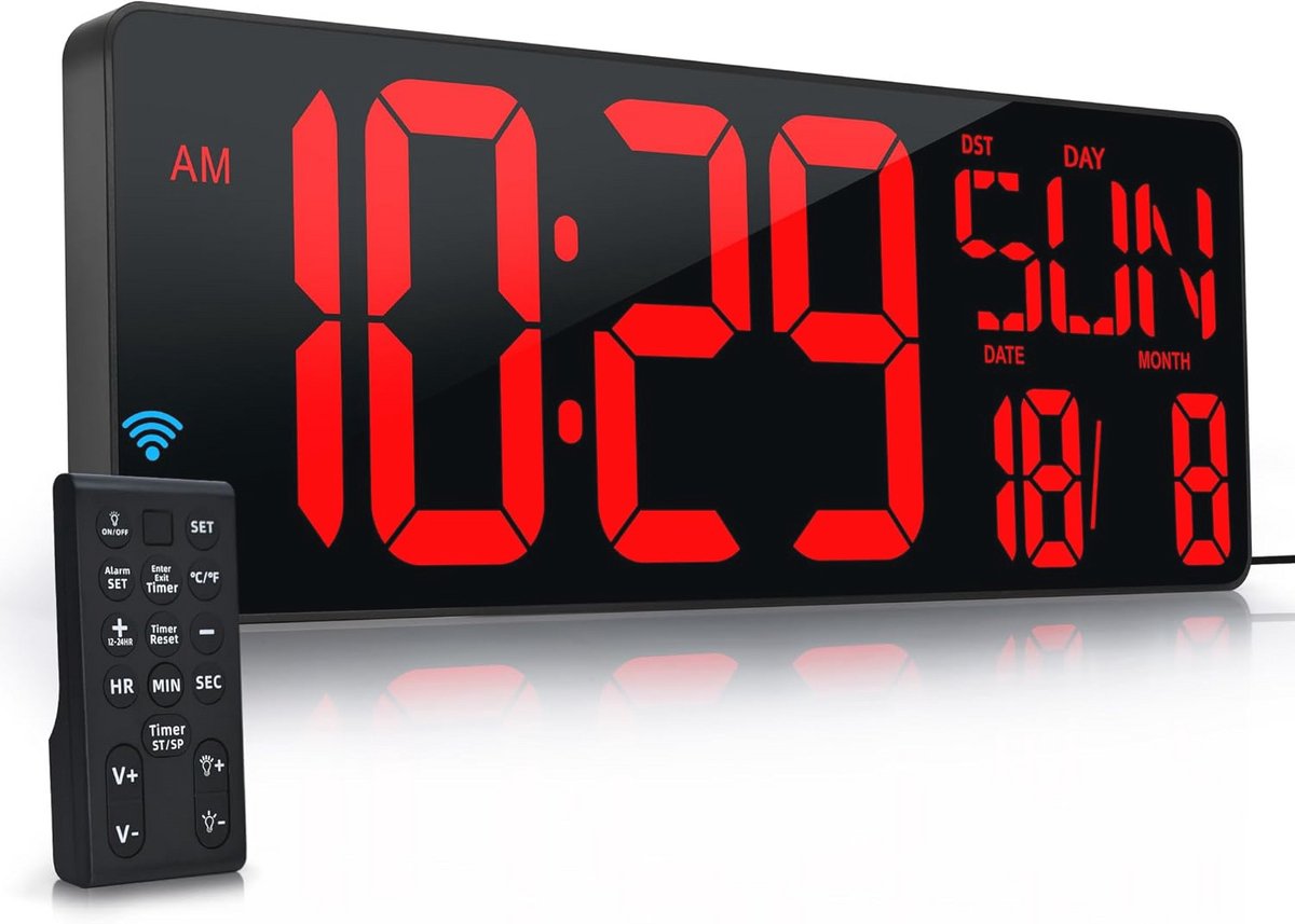 Digitale wandklok met afstandsbediening - Grote LED display klok voor woonkamer, kantoor, garage en gym