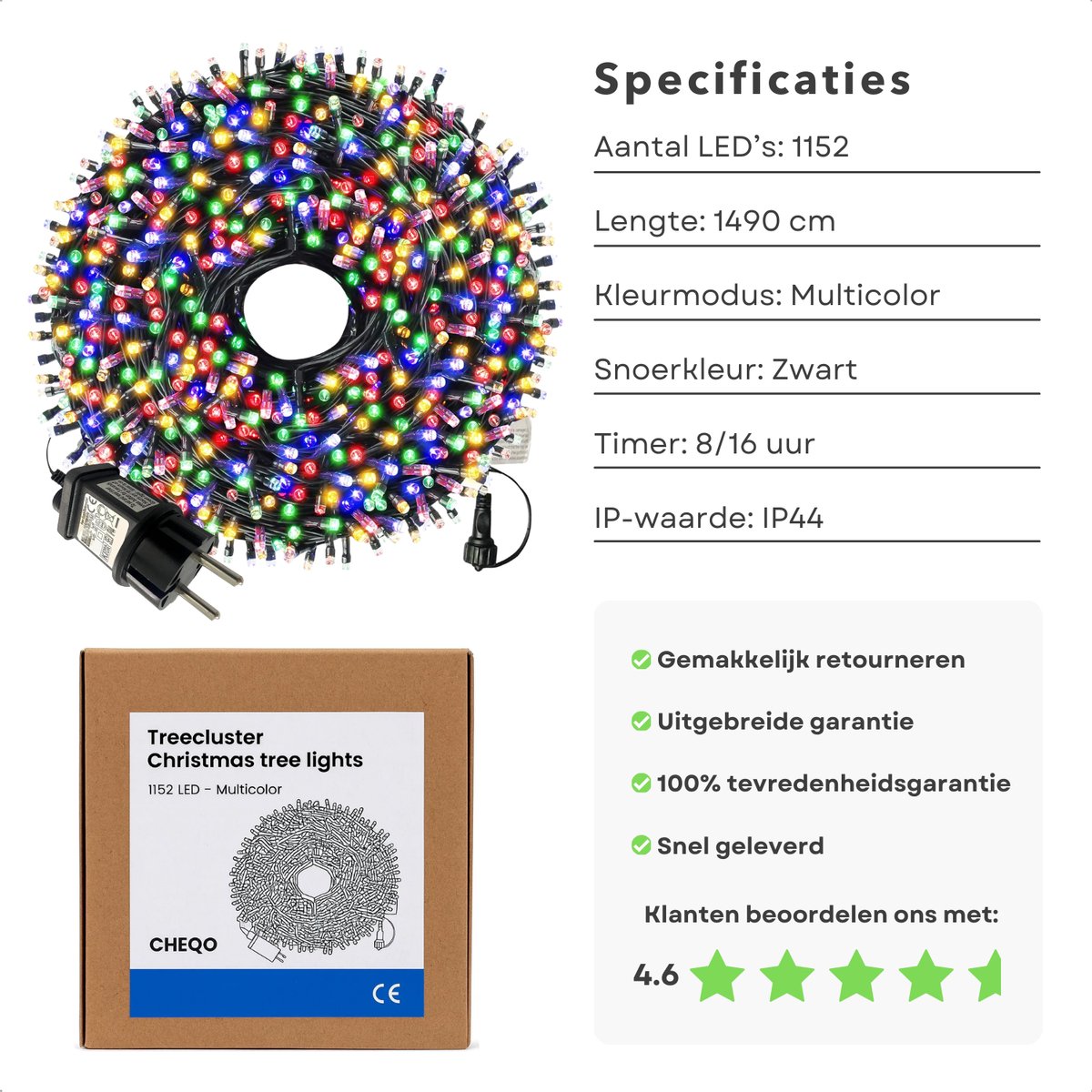 Cheqo Kerstboomverlichting Multicolor - Kerstverlichting Met Timer - Binnen En Buiten Gebruik - IP44 - 8 Lichtfuncties - Zwart Snoer - Geheugenfunctie - Kerstlampjes - Kerstboom Verlichting - Kerstdecoratie - 15 meter
