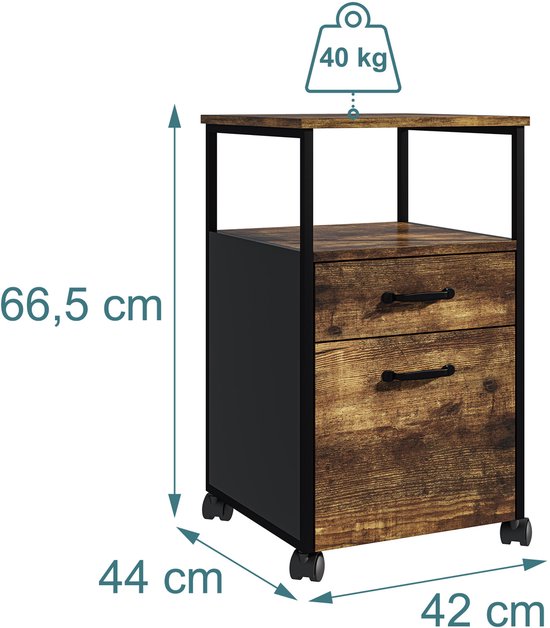 Industrieel archiefkastje met houten ladenfronten en zwarte zijkanten, met afmetingen en gewichtsaanduiding.