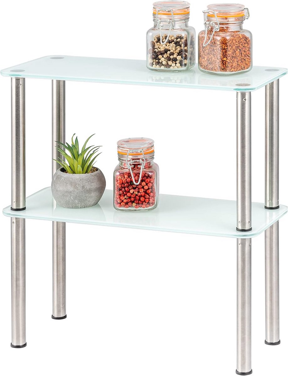 Glazen Keukenrek op 2 Niveaus met RVS Poten - 14 x 32 cm (Wit)