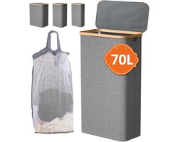 Wasmand met deksel - 70 Liter | Smalle Opvouwbare Wasbox met Bamboe Handvat | Ideaal voor Badkamer en Bijkeuken
