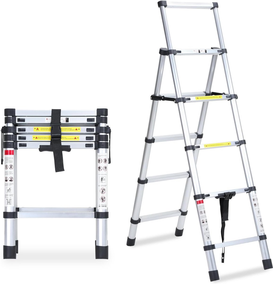 Inklapbare Telescopische Ladder 1,7 m + 2,0 m - Multifunctionele Aluminium Vouwladder met A-frame en 5 + 6 Treden