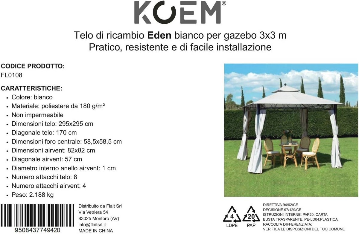 Koem Top vervangend dekzeil voor paviljoen Eden 3 x 3 m, wit van polyester, 180 g/m² met airvent