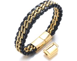 HALUKAKAH ● Solo Zilver/Eer Goud/Nachtwacht Zwart ● Mannen Echt Leder Armband Titanium Dubbele Ketting Magnetische Sluiting 21.5-23cm met Gratis Geschenkdoos