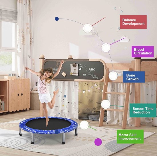 LIFEZEAL Elastische trampoline voor kinderen van 3 tot 10 jaar, Ø 92 x 81 cm, mini-trampoline voor binnen, salta, jump, met handvat en afneembare poten, veilig, opvouwbaar, metalen frame, cadeau, max