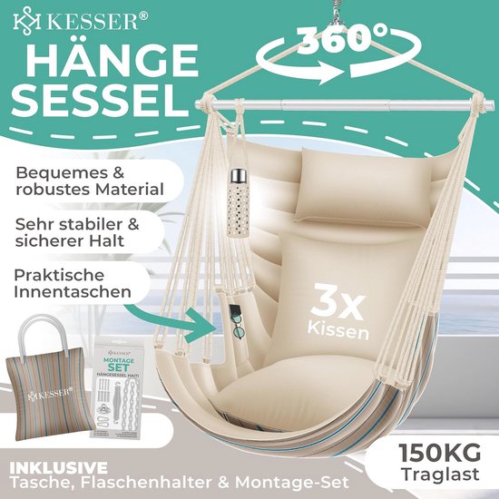 KESSER Haïti Hangstoel, 150 kg draagkracht, hangstoel, 360 graden draaibaar, voor binnen en buiten, UV- en waterafstotend, onderhoudsarm, incl. 2 kussens