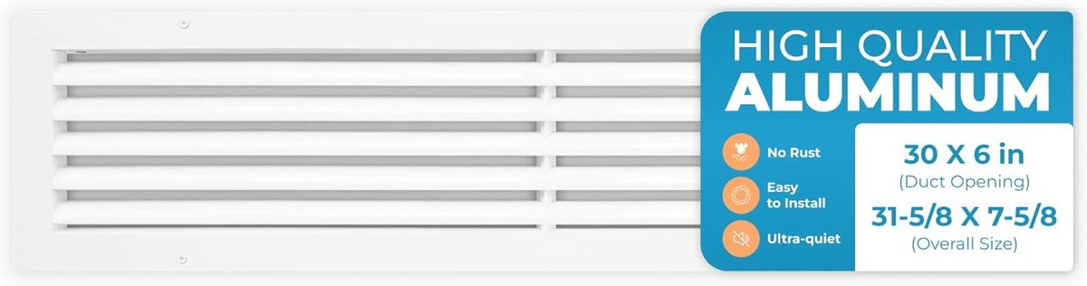 Ventilatierooster voor terugstroom - 30 x 6 inch Grille voor luchtverdeling - Duurzaam aluminium ontwerp - Geluidsarme muurventilatie voor woningen en industrie