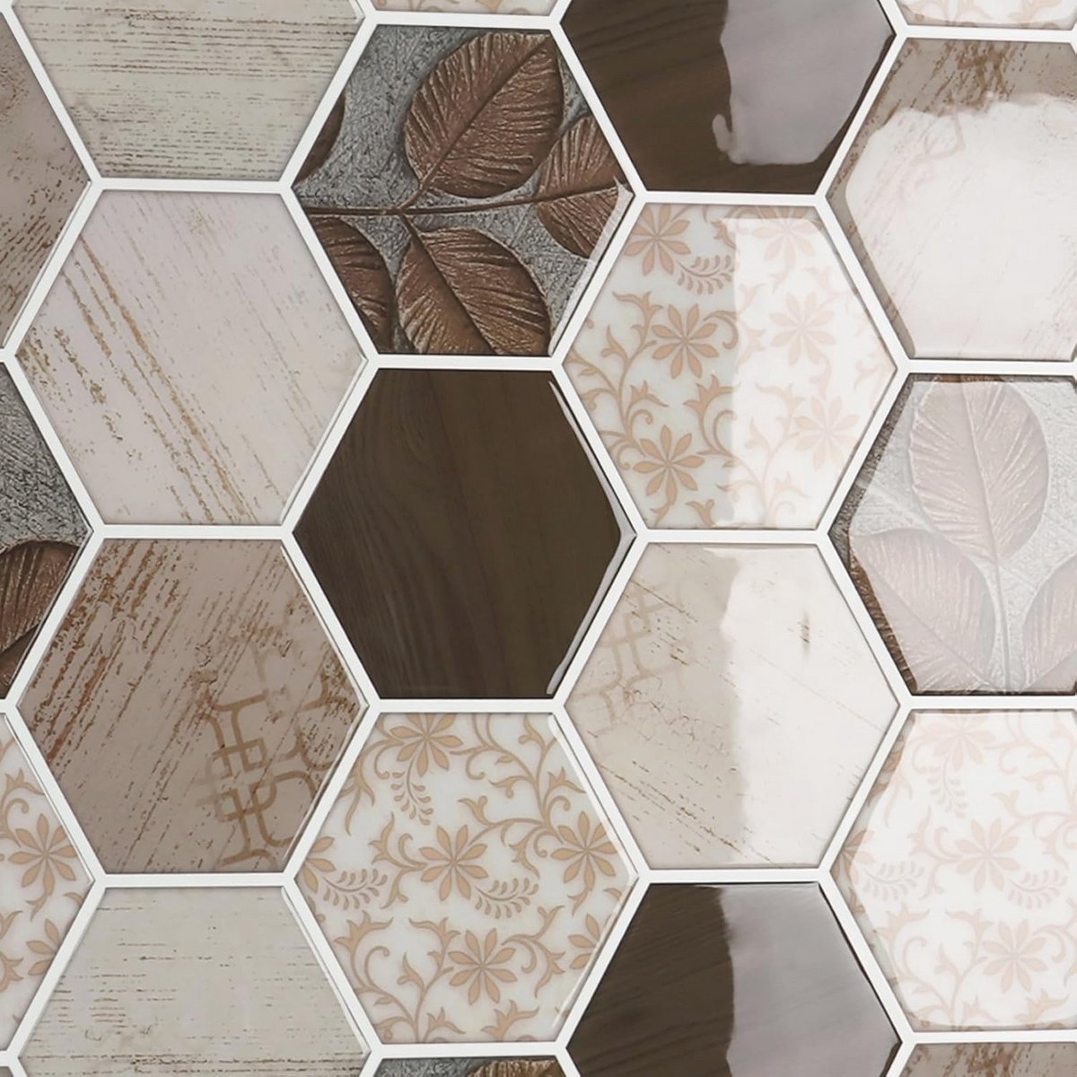 Hexagon Peel and Stick Wandtegels - Boho Stijl, Bruin en Wit, 3D, 30,5 cm x 30,5 cm - Perf