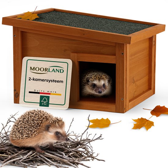 Moorland Waterdicht Houten Egelhuis met Inlooptunnel 40×34 cm – FSC Houten Egelhuisje voor Buiten met Afneembaar Dak, Bodem & Labyrint Ingang – Weerbestendig Egel Voederhuis voor Tuin – IH1