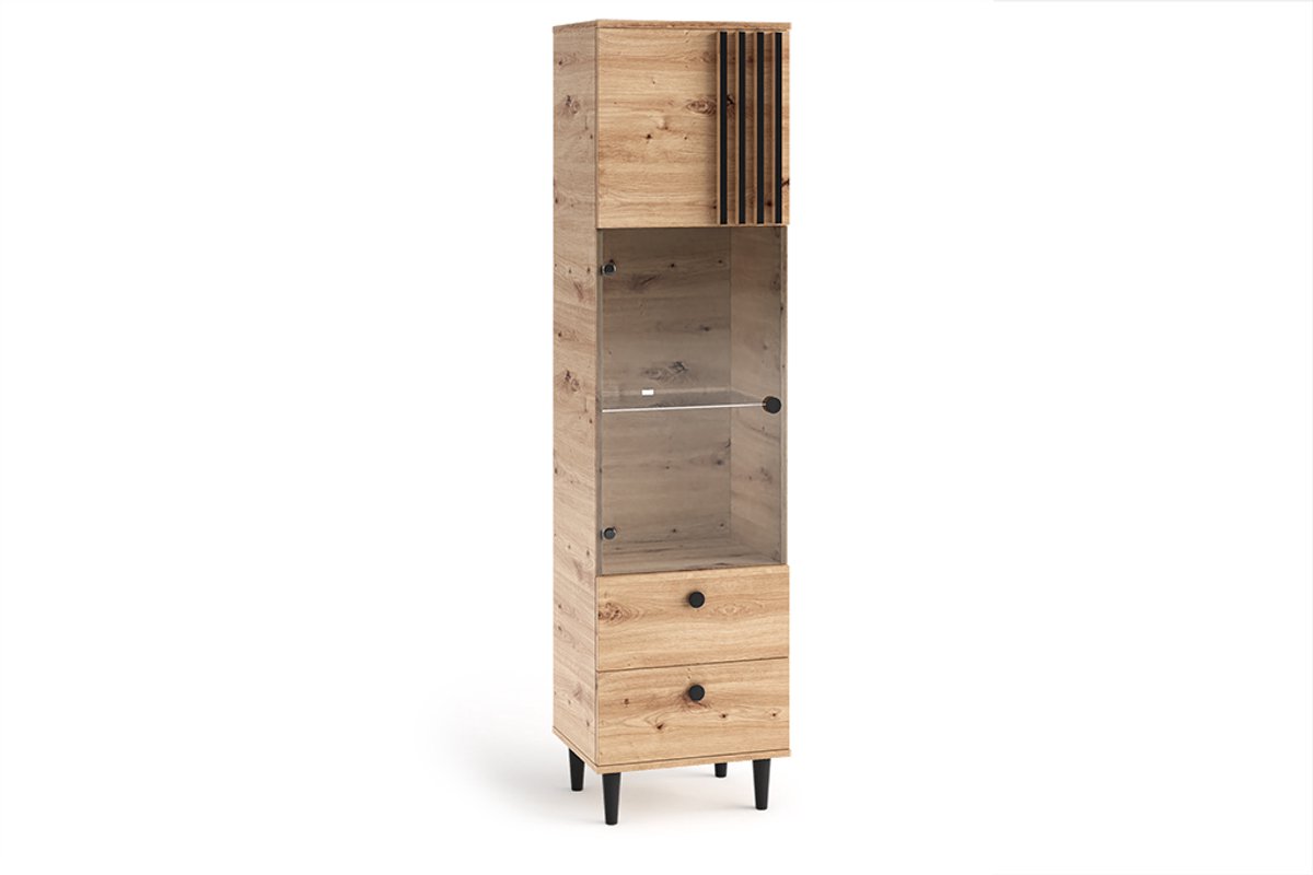 Vitrine Laura II Glas Bar Kast Kasten Rek Houten meubels Glazen deur met houten poten Staande vitrinekast Woonkamer kast