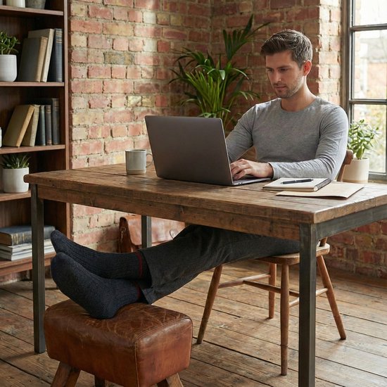Man in grijze broek en grijs shirt werkt aan een laptop aan een houten tafel. Hij draagt Sukats antraciet sokken met rode streep.