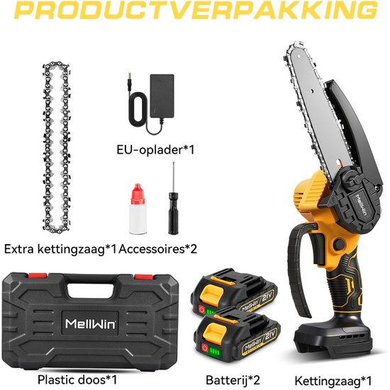 MellWin Accu Kettingzaag - 15 cm Mini Kettingzaag - met 2x Accu's - 1500W Handkettingzaag - Snoeizaag - Takkenzaag - Automatische Smeermachine van MellWin — afbeelding 3