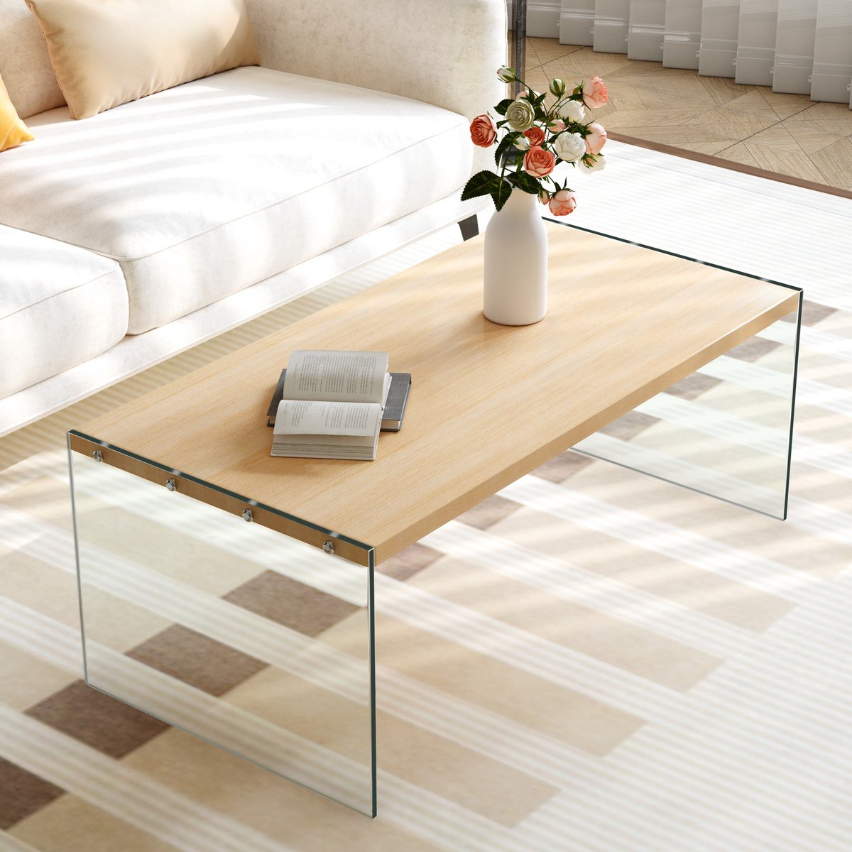 Artloge Salontafel - 120x60 cm - Houtlook - Bijzettafel met Glas Poten - Transparent & Naturholz