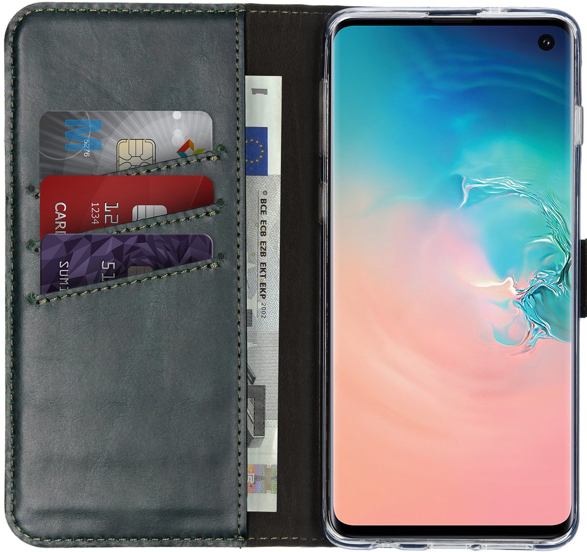 Selencia Hoesje - Geschikt voor Samsung Galaxy S10 - Echt Lederen Bookcase - Groen