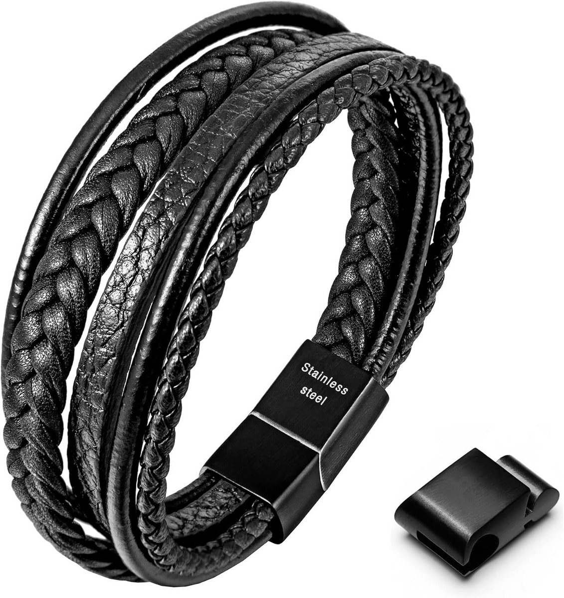 Premium Leren Armband voor Heren met Magneetsluiting - Zwart en Bruin, 22cm