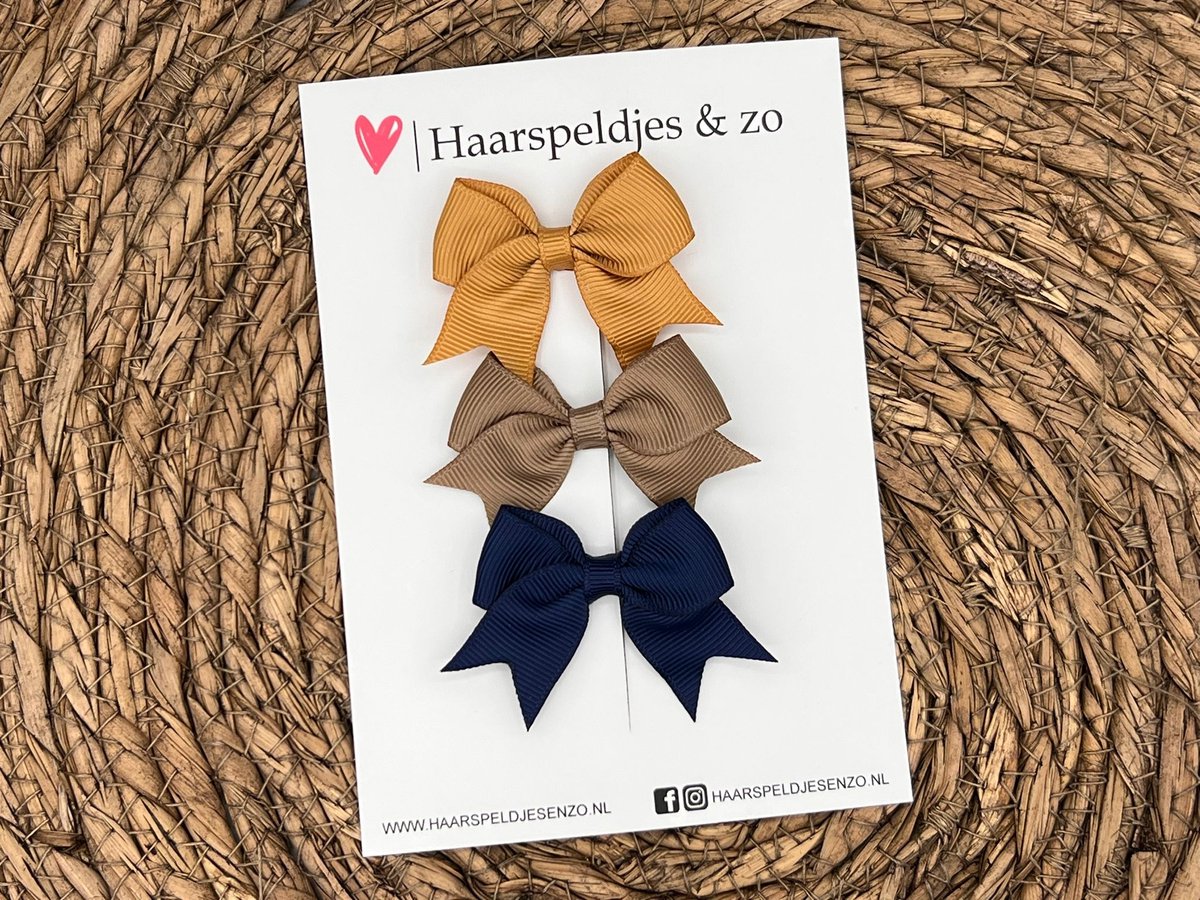 Haarstrik Mila setje 13 - set van drie strikken - lint - alligatorclip - bruin/blauw/okergeel