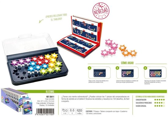 Achterkant van de IQ Stars spelverpakking met spelonderdelen en uitleg. Het toont het spel met gekleurde sterren.