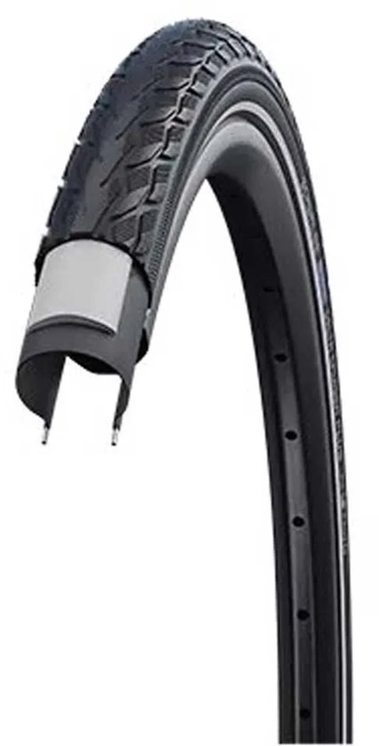 Zwarte Schwalbe Delta Cruiser Plus band op velg, met detail van de zijkant en binnenwerk.