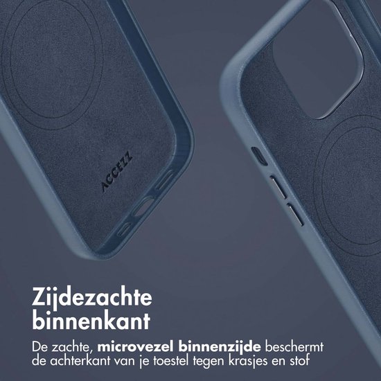 Zijdezachte microvezel binnenkant van een donkerblauwe telefoonhoes ter bescherming.