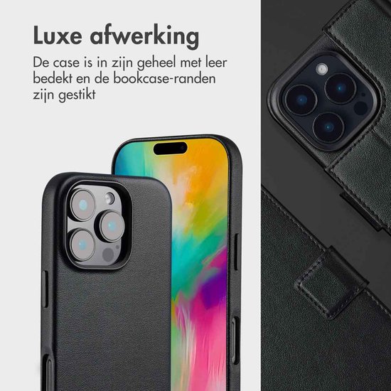 Zwarte lederen book case met luxe afwerking, close-up camera en sluiting.